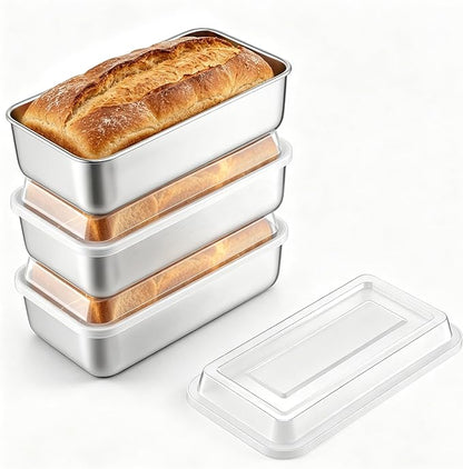 E-far Loaf Pan with Lids, 9 x 5 Inch Stainless Steel Bread Pans for Homemade Bread, Rectangle Baking Tins for Sourdough, Meatloaf, Banana Cake, Nontoxic & Dishwasher Safe - Set of 3
