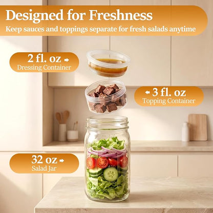 Glass Salad Jars 4 Pack 32oz with Lids for Meal Prep, Salad Container for Lunch, Jars with Dressing Cup, Wide Mouth Mason Jars, Meal Prep Jars