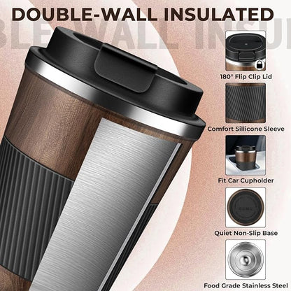 Insulated Coffee Tumbler 12 oz, Stainless Steel Coffee Mug with Lids, Travel Coffee Mug Leak Proof, Double Wall Vacuum Insulated Reusable Coffee Cup, Keep Drinks Hot and Cold (Wood, 12 Ounces)