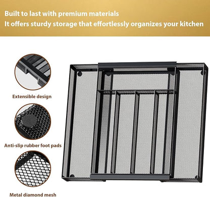 Sedegn Silverware Organizer Metal Mesh, Drawer Organizer, Utensil Cutlery Tray for kitchen drawers,Expandable Flatware Organizer with 7 Compartment Black 9.6"~16.1" x 13.8"
