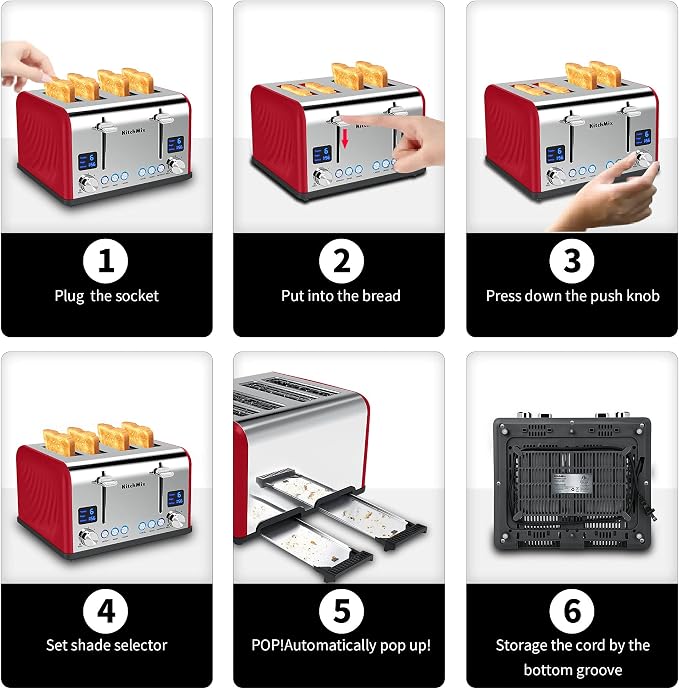 Toaster 4 Slice, KitchMix Bagel Stainless Toaster with LCD Timer, Extra Wide Slots, Dual Screen, Removal Crumb Tray (Red)
