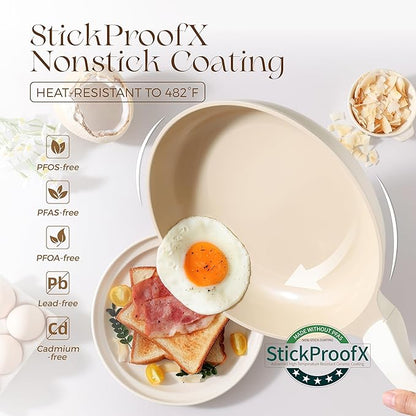 PRICUSIS Nonstick Ceramic Frying Pan, 8/10 Inch Skillet with Stay Cool Handle, Fully Coated, Induction Compatible, 100% Dishwasher Safe, PTFE PFAS & PFOA Free（8 Inch, Coconut White）