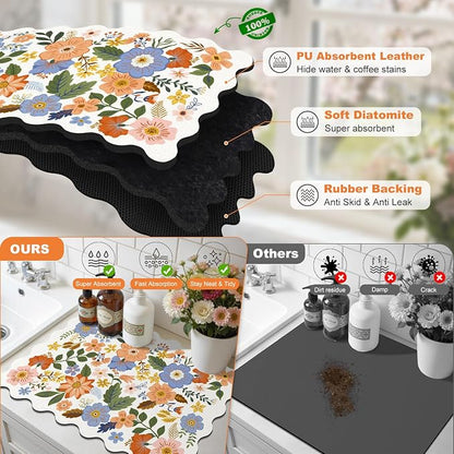 LOKHOM Scalloped Floral Dish Drying Mat, 17"x32" Super Absorbent Coffee Mat with Unique Spring Wildflowers, Cuttable Hide Stain Non-slip Drying Mat for Kitchen Counter Coffee Maker Espresso Machine