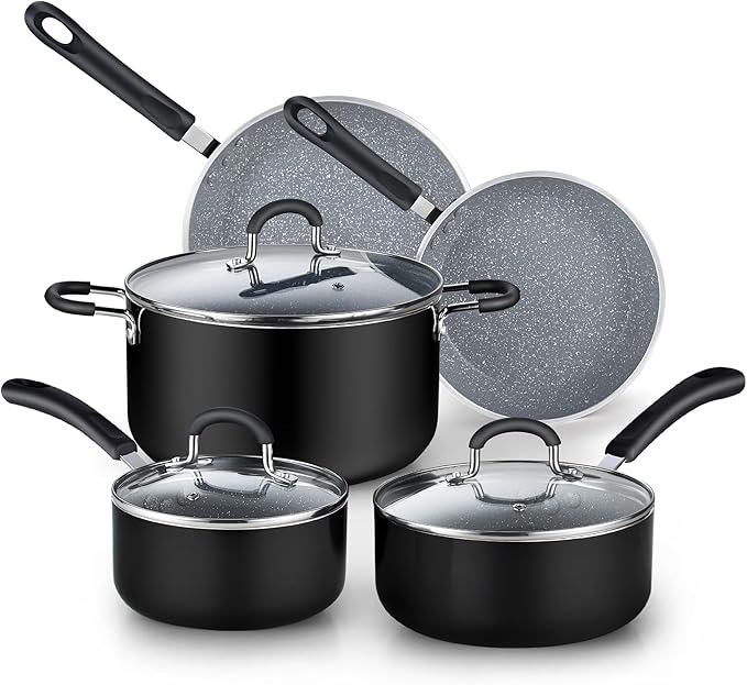Cook N Home Professional Induction Compatible Marble Nonstick Cookware Set, Pots and Pans Set Includes Saucepans with Lid, Stockpot with Lid, Frying Pans, Heavy Nonstick, 8-Piece, Black/marble