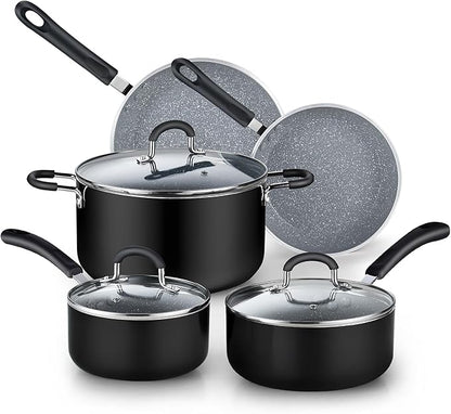 Cook N Home Professional Induction Compatible Marble Nonstick Cookware Set, Pots and Pans Set Includes Saucepans with Lid, Stockpot with Lid, Frying Pans, Heavy Nonstick, 8-Piece, Black/marble