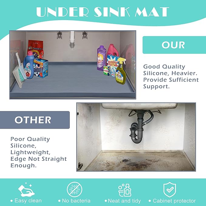 URMONA Waterproof Silicone Under Sink Mat 34'' x 19'' Shelf Liner for Kitchen and Bathroom, Cabinet and Counter Protector, Storage and Organizers, Litter Mat, Pet Cat Puppy Essentials(Cream)