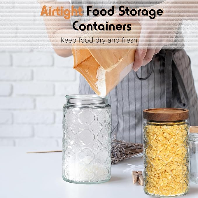 Domensi 6 Pcs Vintage Glass Jars 34 oz Glass Storage Jars with Lids Begonia Pattern Airtight Storage Containers for Kitchen Counter Pantry Coffee Bean Grains Tea Sugar Flour Candy Oats