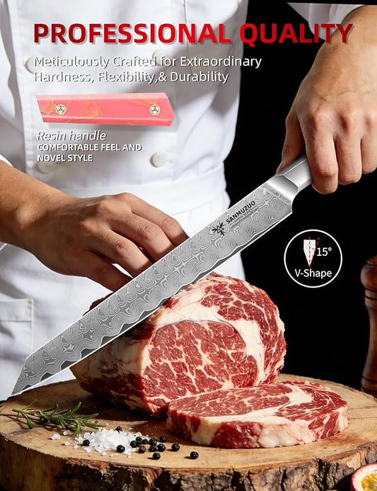 Meat Carving Knife 10 Inch, Professional Kitchen Slicing Knife, Ultra Sharp Damascus Powder Steel with Full-tang Resin Handle, SHENG Series