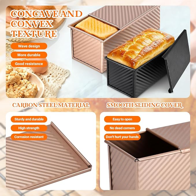 Pullman Loaf Pan Set with Lids – 2 Pack Nonstick Bread Pans for Baking, 2.2lb & 1lb Dough Capacity, Carbon Steel Sandwich Toast Mold for Shokupan, Pain de Mie & Sourdough with Baking Tools