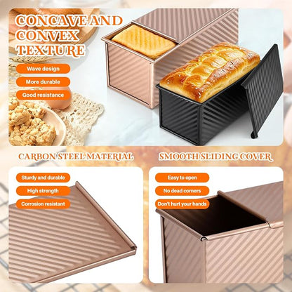 Pullman Loaf Pan Set with Lids – 2 Pack Nonstick Bread Pans for Baking, 2.2lb & 1lb Dough Capacity, Carbon Steel Sandwich Toast Mold for Shokupan, Pain de Mie & Sourdough with Baking Tools