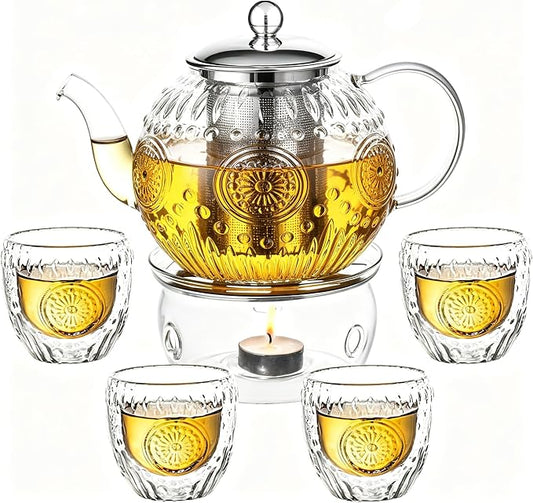 Amzcku 50OZ/1500ml Vintage Glass Teapot Set with 4 Cups, Teapot Set with Removable Infuser Stovetop Safe, Borosilicate Glass Tea Kettle for Blooming & Loose Leaf Tea