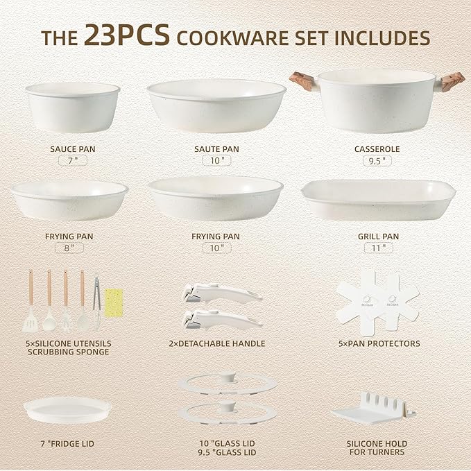 BECIGAR 23PCS Ceramic Pots and Pans Set,Nonstick, Removable Handle Pots and Pans Set, Stackable Pan Set, Ceramic Nonstick Pan Non Stick for Easy Cooking