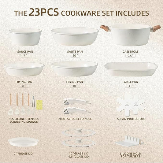 BECIGAR 23PCS Ceramic Pots and Pans Set,Nonstick, Removable Handle Pots and Pans Set, Stackable Pan Set, Ceramic Nonstick Pan Non Stick for Easy Cooking