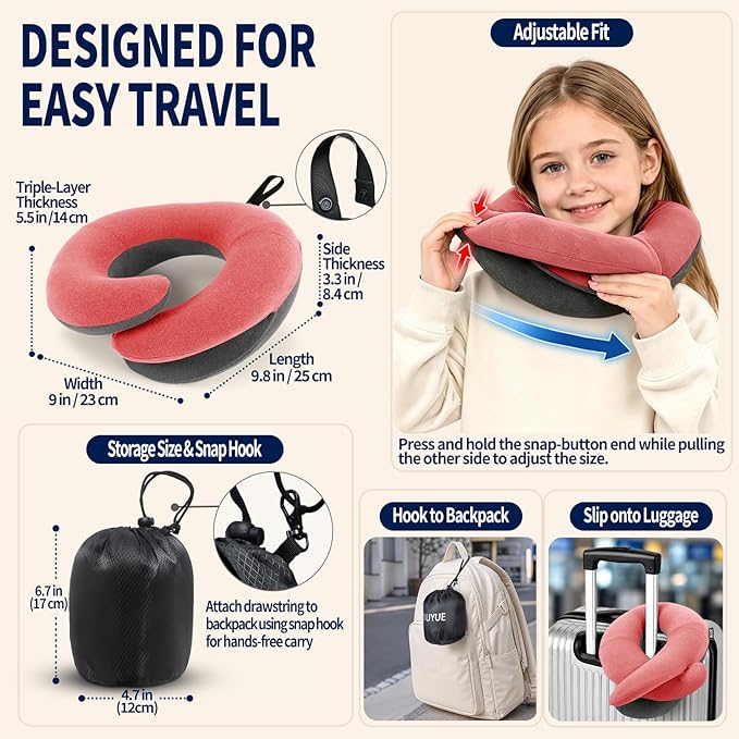 BUYUE Kids Travel Pillows for Airplane, Memory Foam 360° Head Support Sleeping Essentials for Girls Long Flight, Skin-Friendly Soft Neck Pillow for Traveling in Car Seat, (Small, Pink Grey, 40-90 lbs)