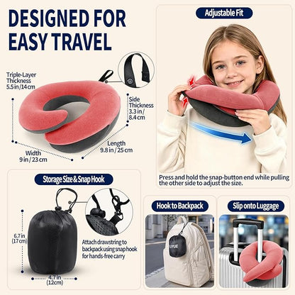 BUYUE Kids Travel Pillows for Airplane, Memory Foam 360° Head Support Sleeping Essentials for Girls Long Flight, Skin-Friendly Soft Neck Pillow for Traveling in Car Seat, (Small, Pink Grey, 40-90 lbs)