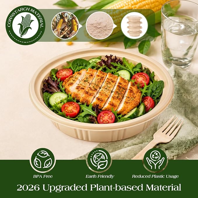 100 Piece (50 Pack) Meal Prep Bowl Containers with Lids, Cornstarch Round Food Containers for Lunch Salad Deli Soup, BPA Free Plant-based Take Out Containers Microwave & Freezer Safe, 16 oz