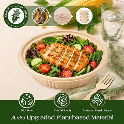 100 Piece (50 Pack) Meal Prep Bowl Containers with Lids, Cornstarch Round Food Containers for Lunch Salad Deli Soup, BPA Free Plant-based Take Out Containers Microwave & Freezer Safe, 16 oz