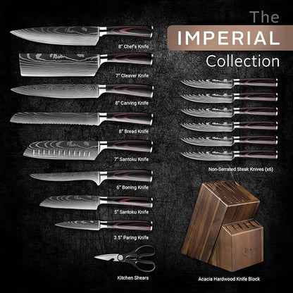 SENKEN 16-Piece Knife Block Set - Japanese High Carbon Stainless Steel with Damascus Pattern, Dark Wood Handles, 6 Steak Knives & Acacia Hardwood Block (Brown)