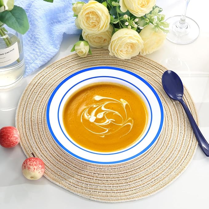 Goodluck 50 Pack Plastic Bowls with Blue Rim, 12oz Disposable Soup Bowls, Heavy Duty Dessert Bowls for Graduations, Weddings, Parties, Catering, and Everyday Use