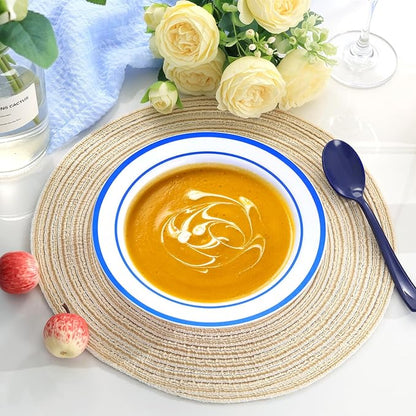 Goodluck 50 Pack Plastic Bowls with Blue Rim, 12oz Disposable Soup Bowls, Heavy Duty Dessert Bowls for Graduations, Weddings, Parties, Catering, and Everyday Use