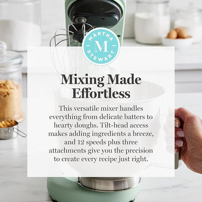 Martha Stewart 5.3Qt Stand Mixer, 12-Speed Tilt-Head Electric Kitchen Mixer with Stainless Steel Bowl, Dough Hook, Whisk & Beater, Splash Guard, Ideal for Baking Bread, Cake & Whipping, Honeydew Green