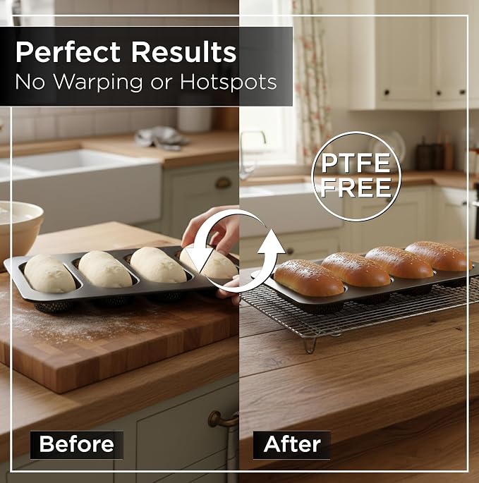 Wrenbury Perforated Hot Dog Bun Baking Pan - Nonstick Bread Mold | Carbon Steel for Crispy Homemade Rolls and Mini Baguettes