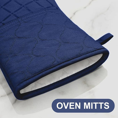 Oven Mitts Pot Holders Sets/Kitchen Towels and Dishcloths, Oven Gloves Kitchen Dish Towels 500 Degree Heat Resistant Potholders with Non-Slip Silicone Surface for Cooking, Grilling, Baking-Marine Blue