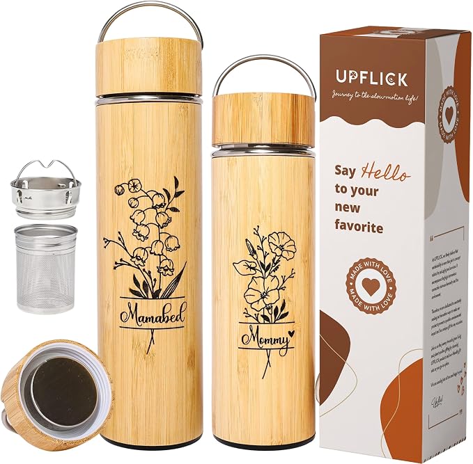 Personalized Gifts 15 oz Tea Tumbler Laser Engraving Bamboo Water Bottle Custom Name Birth Month Flower Gift for Mom, Birthday Gifts, Family