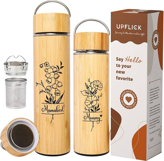 Personalized Gifts 15 oz Tea Tumbler Laser Engraving Bamboo Water Bottle Custom Name Birth Month Flower Gift for Mom, Birthday Gifts, Family