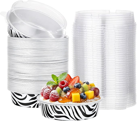 Beasea Mini Tart Pans with Lids 50 Pack, 4" 7.3oz Disposable Aluminum Foil Baking Tins Cups Round Pie Container for Individual Cupcake Dessert Muffin Cheesecake Quiche - Zebra Stripes