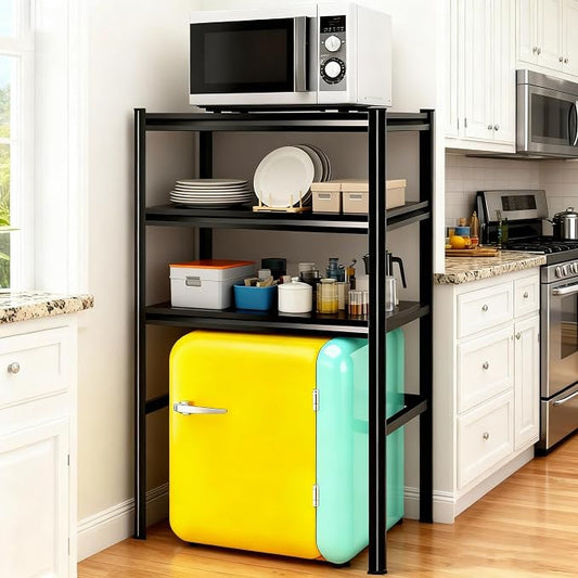 3-Tier Space Saving Refrigerator Shelf Organizer, Adjustable Metal Storage Rack with Double Column, 63" H Mini Fridge & Microwave Stand for Kitchen, Apartment, Black