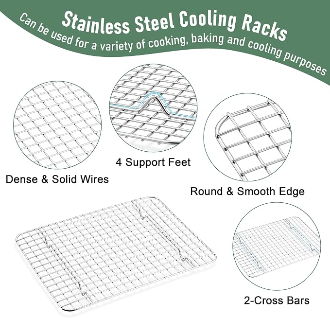 Homikit Baking Sheet with Wire Rack Set (1 Pan+1 Rack), 12" x 10" Stainless Steel Quarter Sheet Pan with Grid Cooling Rack for Toaster Oven Roasting, Metal Bacon Cookie Trays Nonstick Jelly Roll Pan