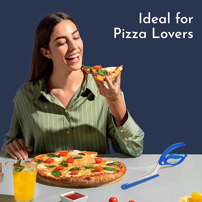 Blue Pizza Scissors - Non-Stick Pizza Scissors with Firm Grip Base - Food Grade Stainless Steel Pizza Cutter - 5-in-1 Food Slicer & Pizza Server - Durable, Safe & Mess Free