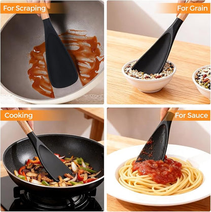 Silicone Cooking Spoon for Nonstick Cookware, 2-Pack Wooden Handle Spatula Spoon for Mixing, Scooping, Scraping and Serving, Safe for Pots Pans Skillets