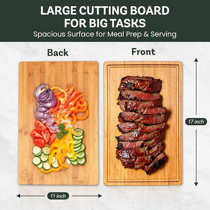 Bamboo Cutting Board for Kitchen - 17" Large Wooden Cutting Board, Heavy Duty Chopping Board with Side Handles, Deep Juice Groove, Reversible Charcuterie & Cheese Board for Meat and Serving