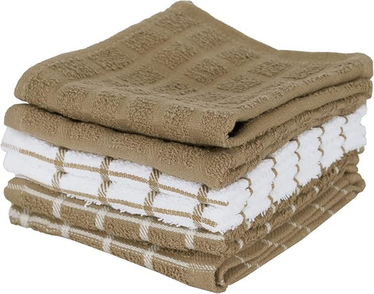 Ritz Terry Check Dish Cloth Set: Highly Absorbent & Super Soft - 100% Cotton, Durable Kitchen Cleaning Cloths for Wiping Tables and Counters, 6-Pack, Mocha