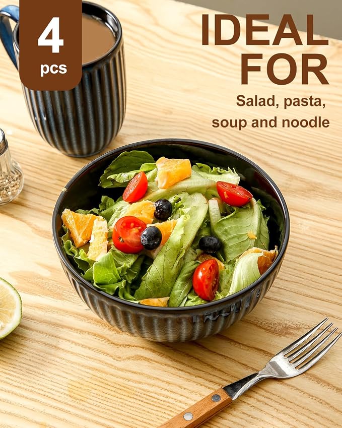 HASENSE Large Ceramic Serving Bowls 42 Oz - 7 Inch Salad Bowl Set of 4 for Kitchen,Modern Ribbed Porcelain Dishes for Entertaining,Soup,Pho,Pasta,Cereal, Noodle - Dishwasher & Microwave Safe, Blue