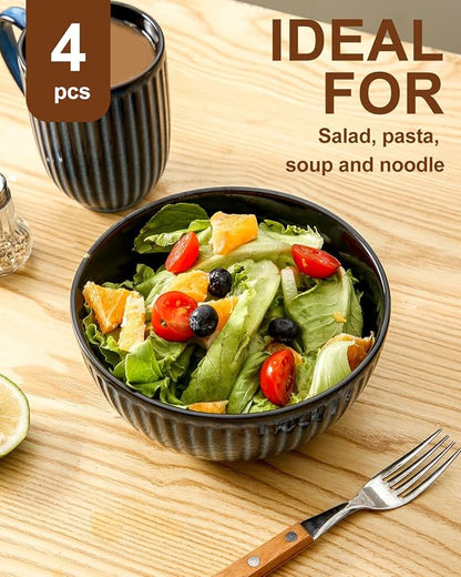 HASENSE Large Ceramic Serving Bowls 42 Oz - 7 Inch Salad Bowl Set of 4 for Kitchen,Modern Ribbed Porcelain Dishes for Entertaining,Soup,Pho,Pasta,Cereal, Noodle - Dishwasher & Microwave Safe, Blue