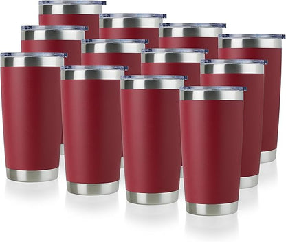 DOMICARE 20oz Stainless Steel Tumbler Bulk with Lid, Double Wall Vacuum Insulated Travel Mug, Powder Coated Coffee Cup, Powder Red, 12 Pack