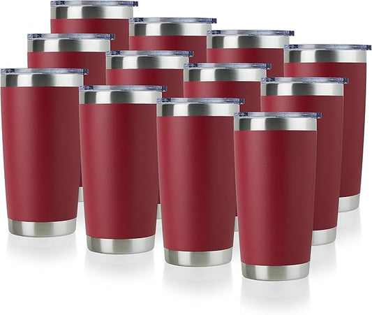 DOMICARE 20oz Stainless Steel Tumbler Bulk with Lid, Double Wall Vacuum Insulated Travel Mug, Powder Coated Coffee Cup, Powder Red, 12 Pack