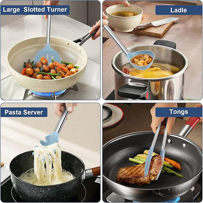8PCS Kitchen Utensils Set, Vayvnt Heat Resistant Silicone Utensils Set for Cooking, Non Scratch Spatula Spoons for Non Stick Pan, Large Kitchen Cooking Tools, Metal Long Handle&Dishwasher Safe, Blue