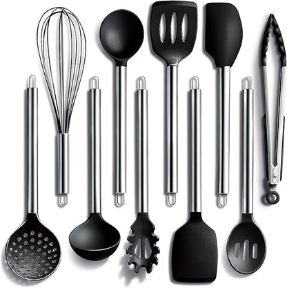 COOK WITH COLOR Silicone Cooking Utensils, Kitchen Utensil Set, Easy to Clean Silicone Kitchen Utensils, Cooking Utensils for Nonstick Cookware, Kitchen Gadgets Set, 10 Pieces, Black