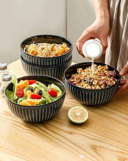 HASENSE Large Ceramic Serving Bowls 42 Oz - 7 Inch Salad Bowl Set of 4 for Kitchen,Modern Ribbed Porcelain Dishes for Entertaining,Soup,Pho,Pasta,Cereal, Noodle - Dishwasher & Microwave Safe, Blue
