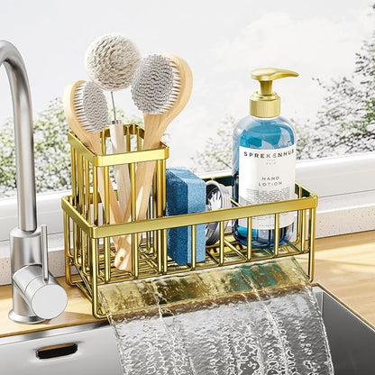 Kitsure Sponge Holder for Kitchen Sink - Rustproof Stainless Steel Sink Caddy Organization and Storage Essentials with High Brush Holder, Home Decor Accessories, 7.9" x 3.7" x 6.2", Gold