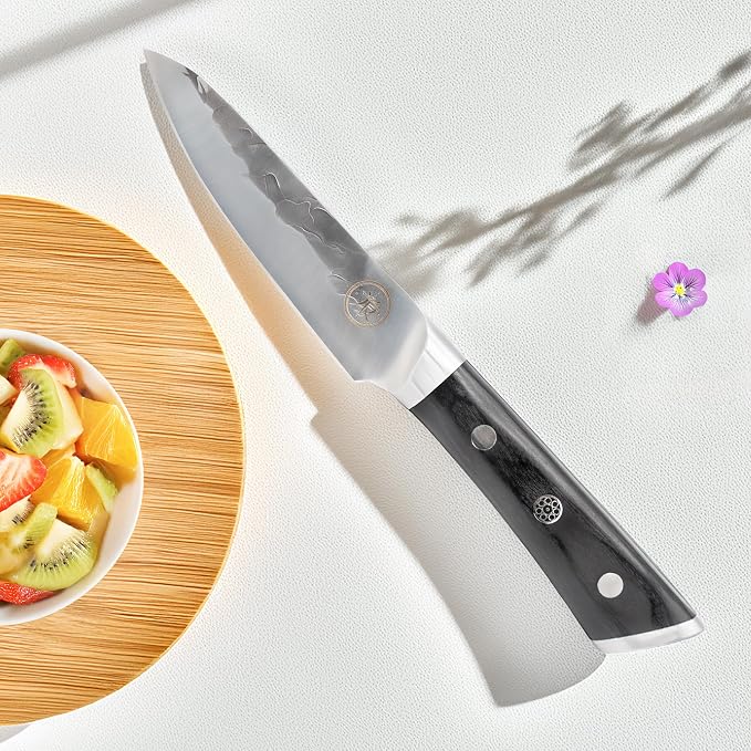 4.5” Professional Paring Knife – Hand Forged Small Kitchen Knife with Dark Wood Handle, Razor Sharp, Full Tang – from British Fusion Atelier KOKORO – A Thoughtful Gift for Cooks and Foodies