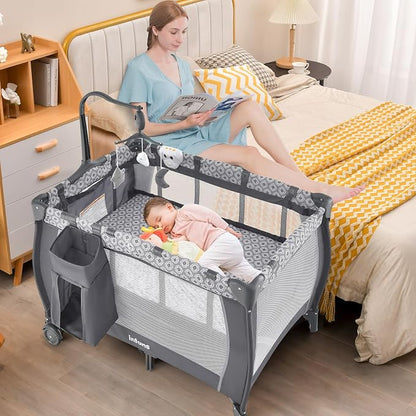 INFANS 3 in 1 Pack and Play, Portable Travel Baby Bassinet with Detachable Mattress, Changing Table, Foldable Playpen with Carry Bag, 2 Wheels (Classic)