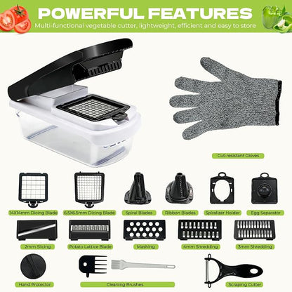Vegetable Chopper, 17-in-1 Food Chopper with Built-in Container, Includes Cut-Resistant Gloves & Interchangeable Blades, Potato Onion Slicer for Salad Prep, Kitchen Gadgets for New Home