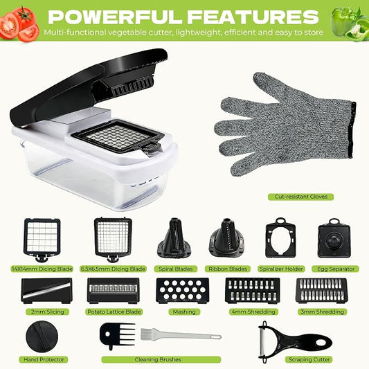 Vegetable Chopper, 17-in-1 Food Chopper with Built-in Container, Includes Cut-Resistant Gloves & Interchangeable Blades, Potato Onion Slicer for Salad Prep, Kitchen Gadgets for New Home