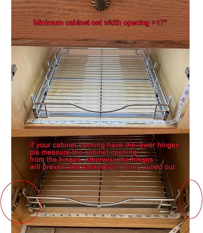 DINDON Pull Out Cabinet Organizer, (17" W x 21" D) Heavy-Duty Metal Sliding Drawer Shelf, Bathroom Under Sink Kitchen Cabinets Organizer and Storage Slide Out Shelves, Chrome, 1 Tier, 2 Pack
