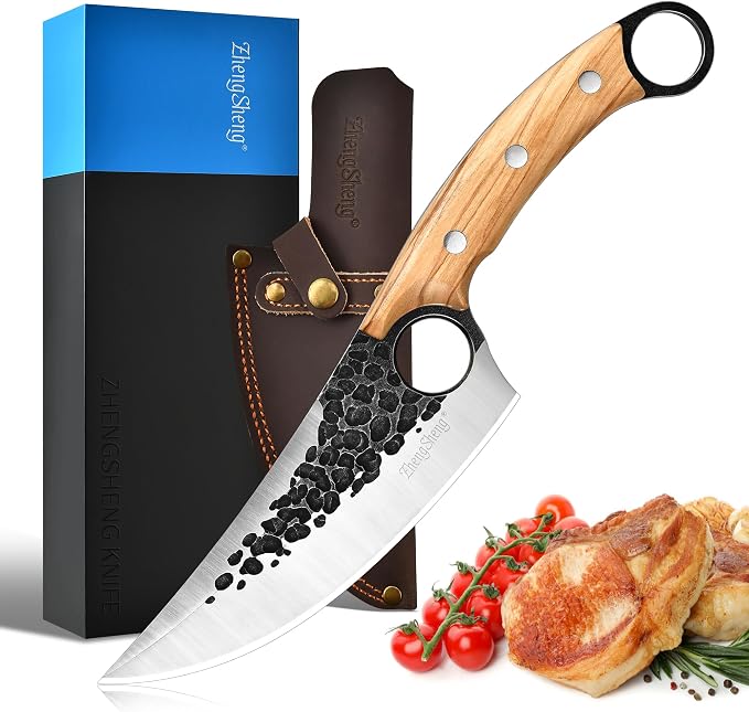 ZhengSheng Forged Viking Kitchen Knife with Olive Wood Grip & Protective Leather Sheath, Perfect for Home Cooking, Camping and BBQ